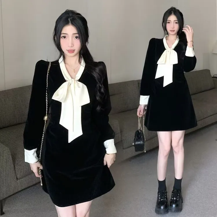 大码秋冬胖mm法式复古系带蝴蝶结修身显瘦赫本风丝绒连衣裙女