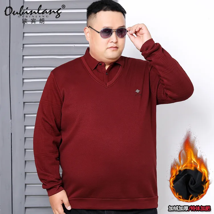冬季大码男士加绒t恤商务翻领假两件肥佬大号加肥加厚保暖打底衫