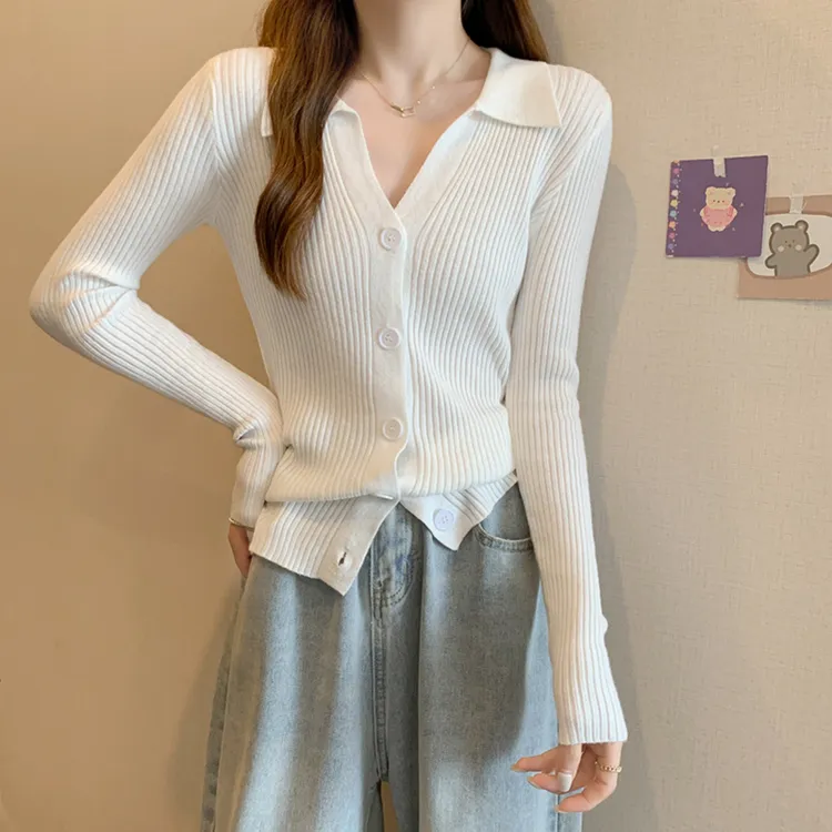 春秋百搭女POLO衫初秋新款针织开衫韩系修身毛衣领长袖外穿上衣潮