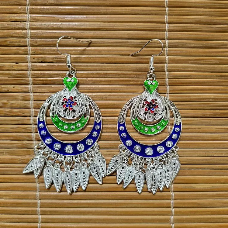 合金耳饰 爆款苗族侗族银饰民族风耳环新款瘦脸型流苏银饰耳环