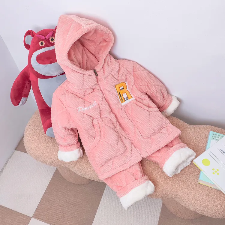 儿童款睡衣宝宝冬睡衣加厚夹棉法兰绒2023拉链连帽女宝保暖家居服