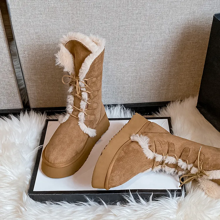 中筒雪地靴女冬2025新款毛毛靴百搭加绒加厚保暖厚底系带东北棉鞋