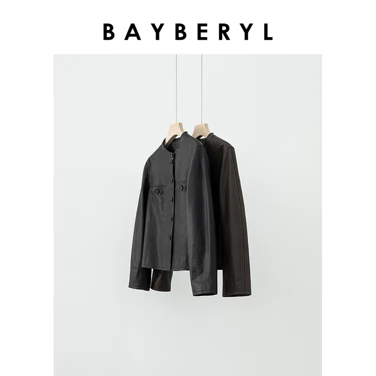 领券-BAYBERYL老贝革新感*时髦圆领单排扣短款秋皮衣PY4H0204-8/4