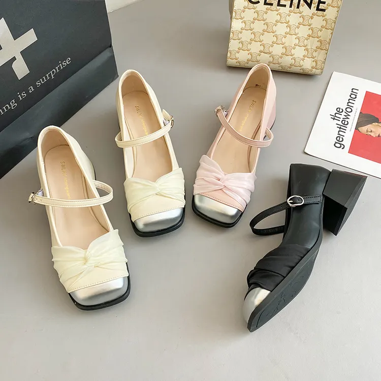 贾不假2025夏季方头粗跟法式百搭一字带高跟温柔浅口仙女风单鞋女