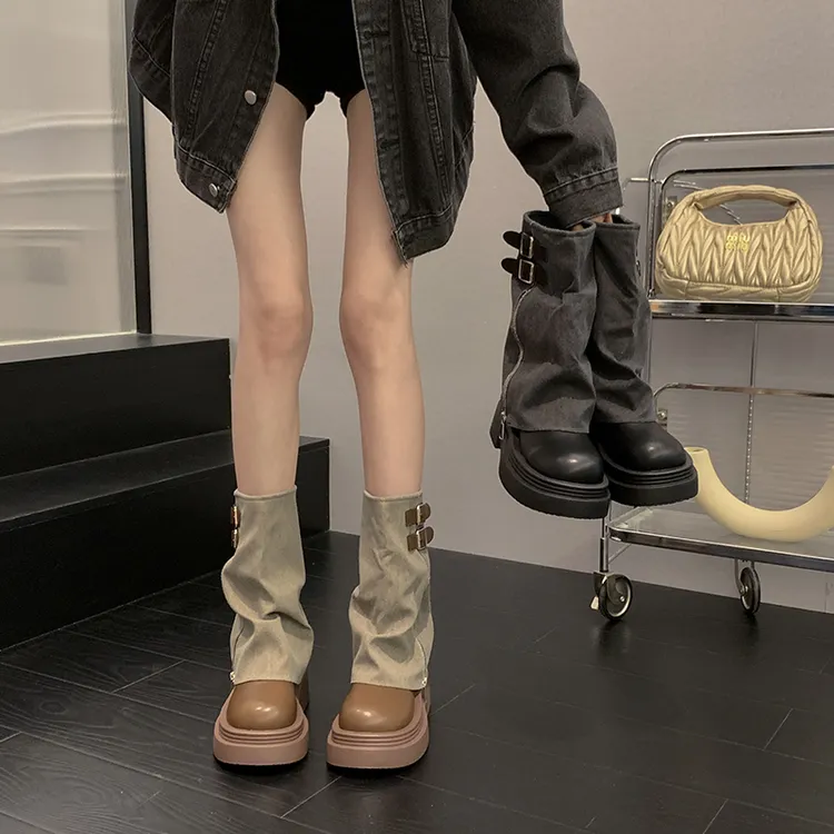 贾不假时装靴女款2025秋冬长筒复古休闲风时尚百搭厚底气质短筒靴