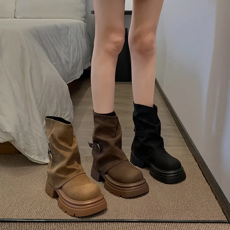 贾不假裤管靴女士2025秋冬新款洋气复古风时尚流行粗跟炸街机车靴