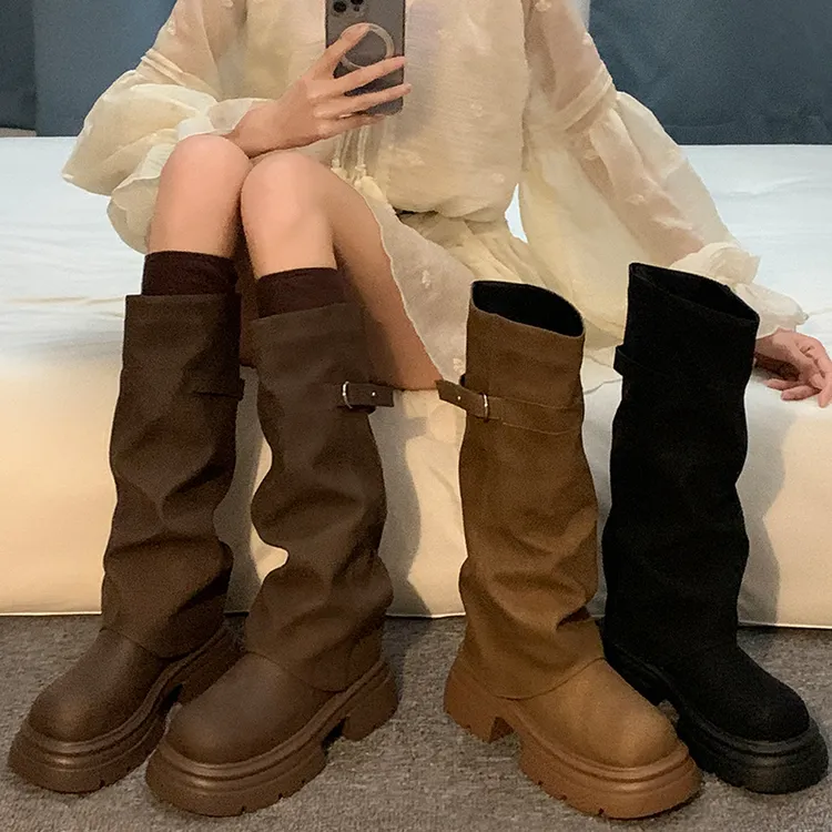 贾不假长筒靴女款2025秋冬新款百搭复古风气质网红厚底休闲时装靴