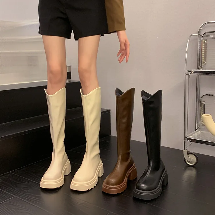 贾不假休闲靴女款2025早春新款百搭舒适长筒复古厚底小个子时装靴