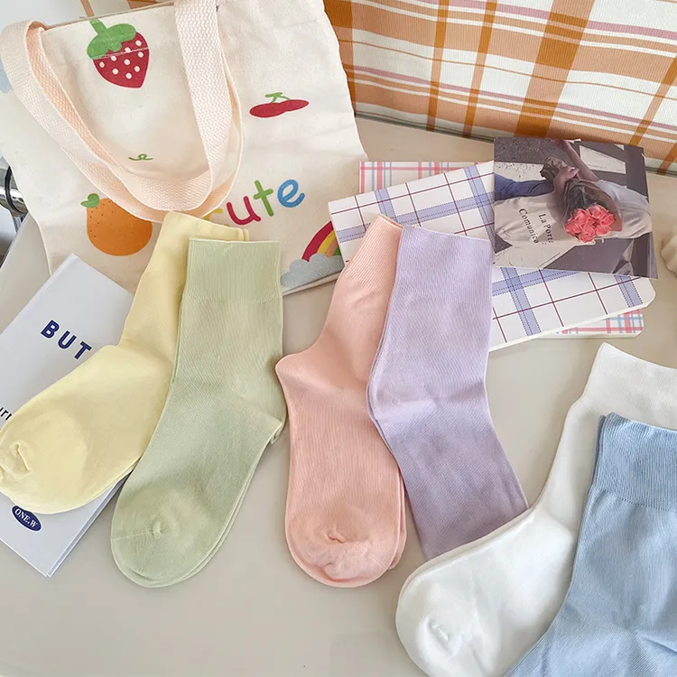 糖果色无骨袜子女中筒袜ins潮春秋抗起球堆堆袜纯棉松口学生长袜