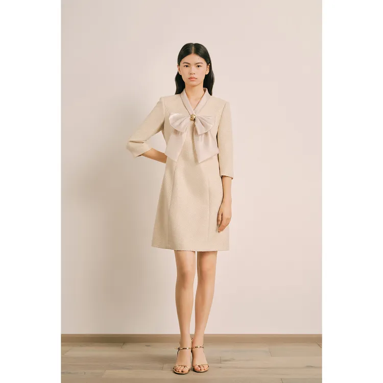 奥丽嘉朵2024冬季新款浅金色流光纱蝴蝶结连衣裙1C64505410