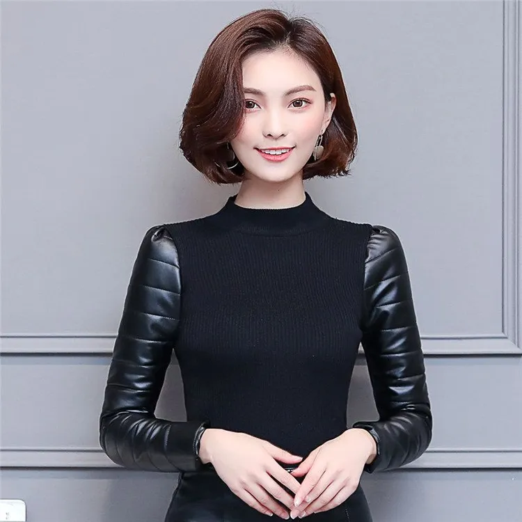 皮袖打底衫女冬针织内搭长袖加厚保暖配皮草羽加绒马甲棉袖毛衣