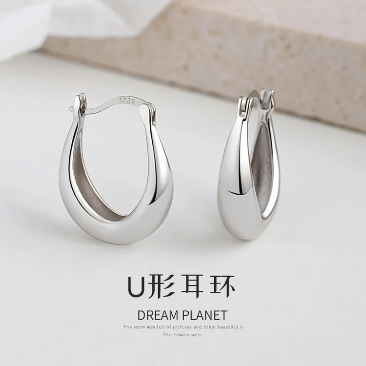 925银耳饰 月亮耳环女式纯银上档次光面素圈简约耳扣气质时尚百搭