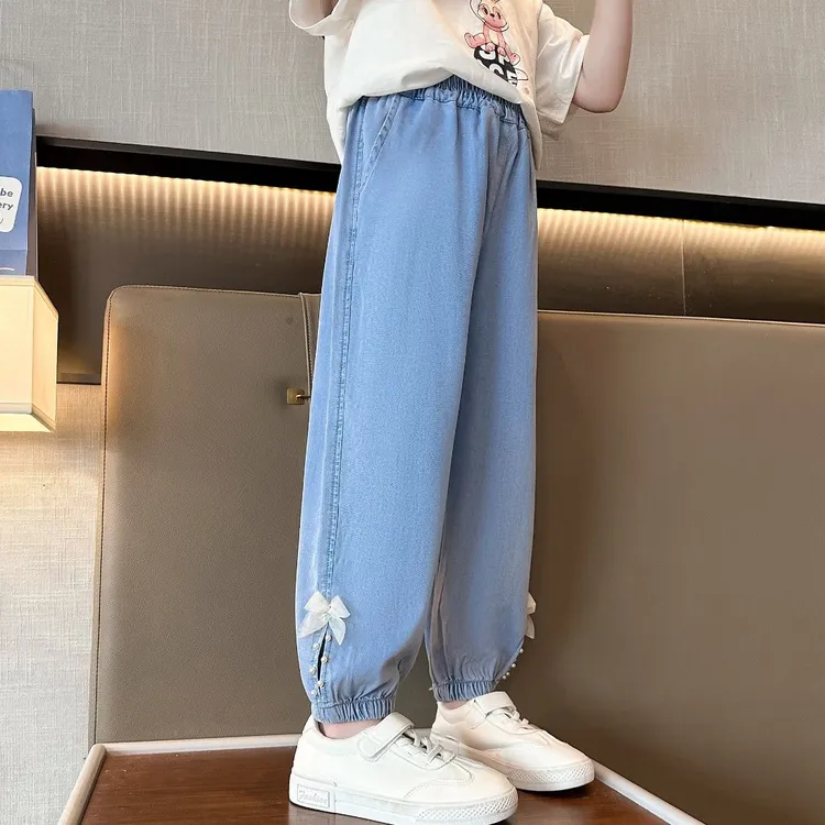 夏季薄款中大童防蚊裤九分裤时尚洋气薄牛仔女童休闲宽松儿童裤子