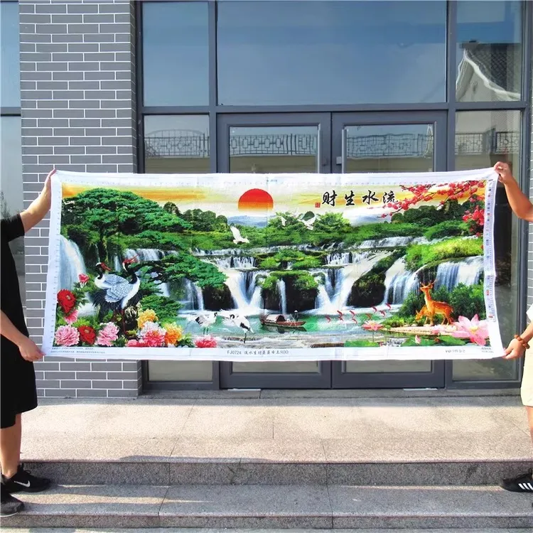 纯手工十字绣成品流水生财蒸蒸日上聚宝盆客厅山水风景挂画绣好的