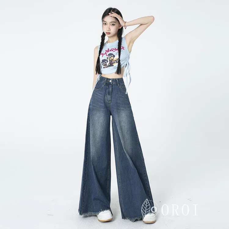 【OROI】水洗复古美式高街牛仔阔腿裤女新款显瘦设计拖地裤