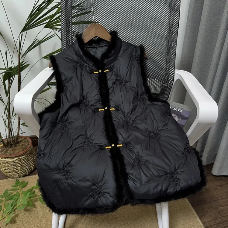 水貂毛领加棉加厚马甲冬季时尚国风马夹宽松百搭保暖无袖坎肩背心