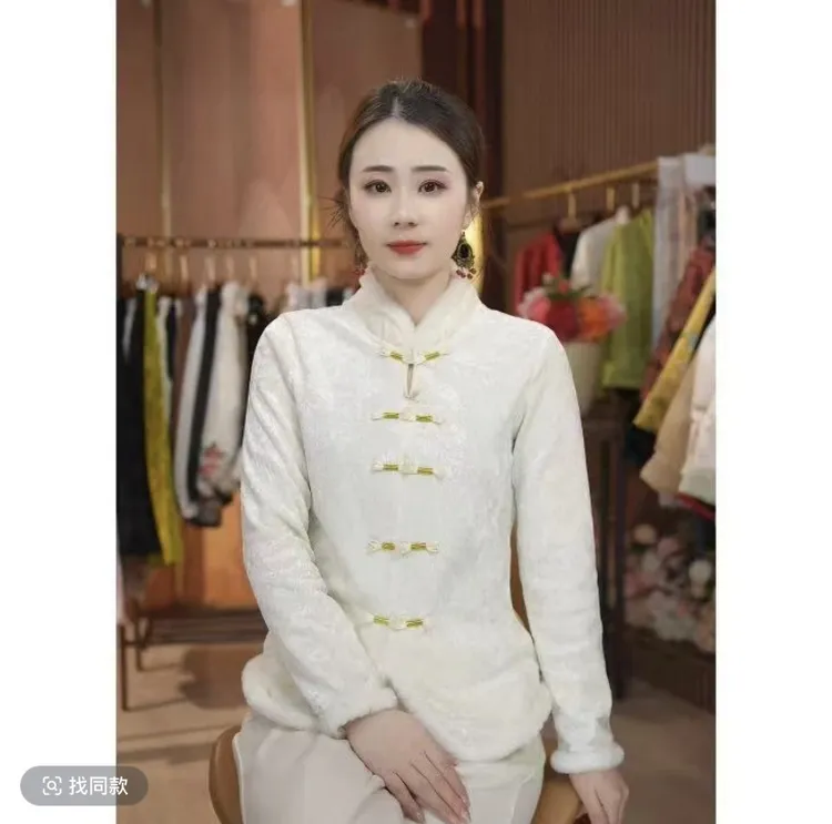 打底长袖时尚中国风立领提花网红新中式女装百搭上衣冬季加厚加绒