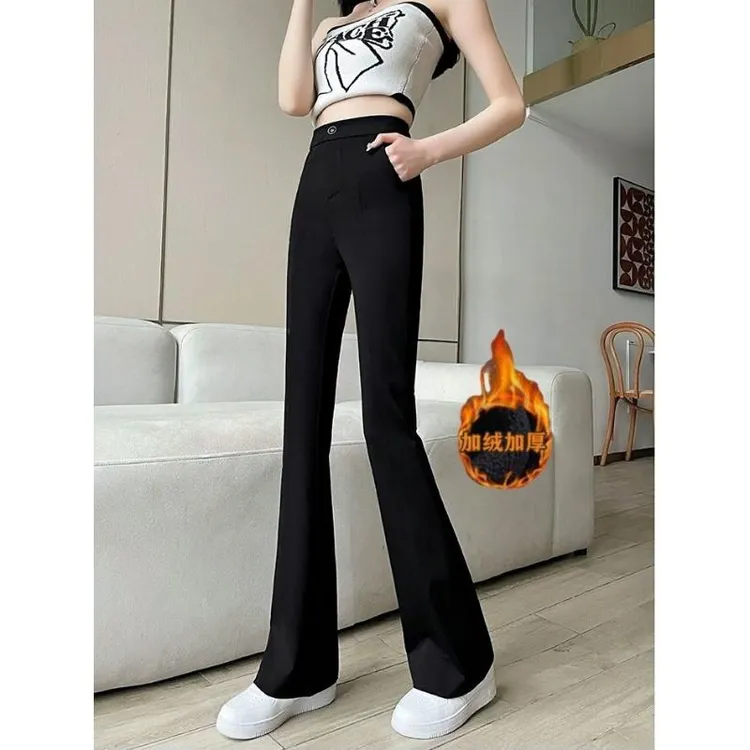 加绒裤子女2025秋冬新款高腰显瘦微喇裤加厚弹力遮肉百搭休闲长裤