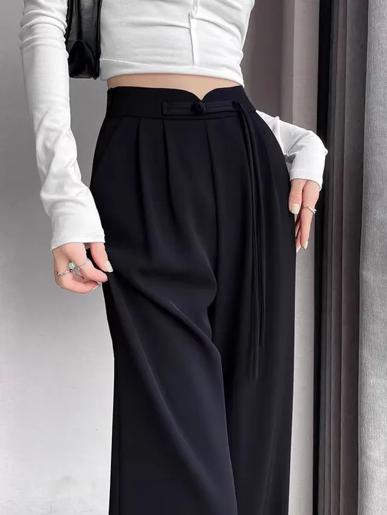 国风黑色西装裤春夏新款垂感直筒休闲裤小个子高腰显瘦窄版阔腿裤