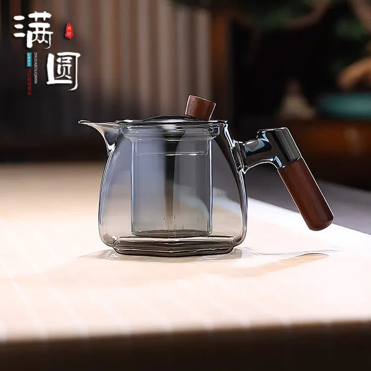 轻奢加厚耐热玻璃创意木把六角泡茶壶高档家用防烫沏茶壶功夫茶具