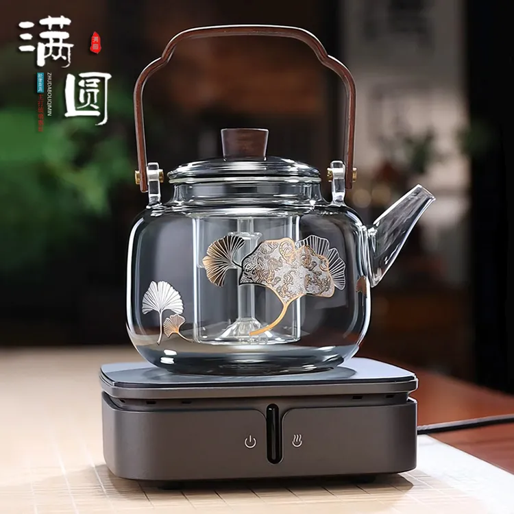 轻奢耐热玻璃烫金印花提梁壶高档加厚家用电陶炉蒸煮保温茶壶茶具