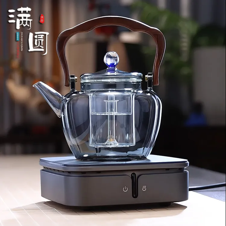 轻奢耐热玻璃瓜棱提梁壶家用蒸煮喷淋泡茶壶电陶炉复古两用煮茶壶