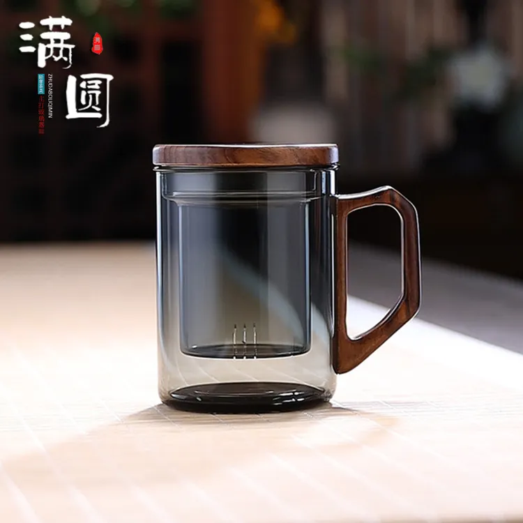轻奢加厚耐热玻璃双木泡茶杯主人杯手工木把家用防烫高档办公茶杯
