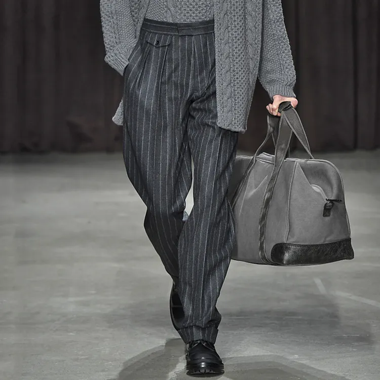 男士秋冬时髦意式那不勒斯宽松直筒条纹羊毛呢西裤呢子商务休闲裤