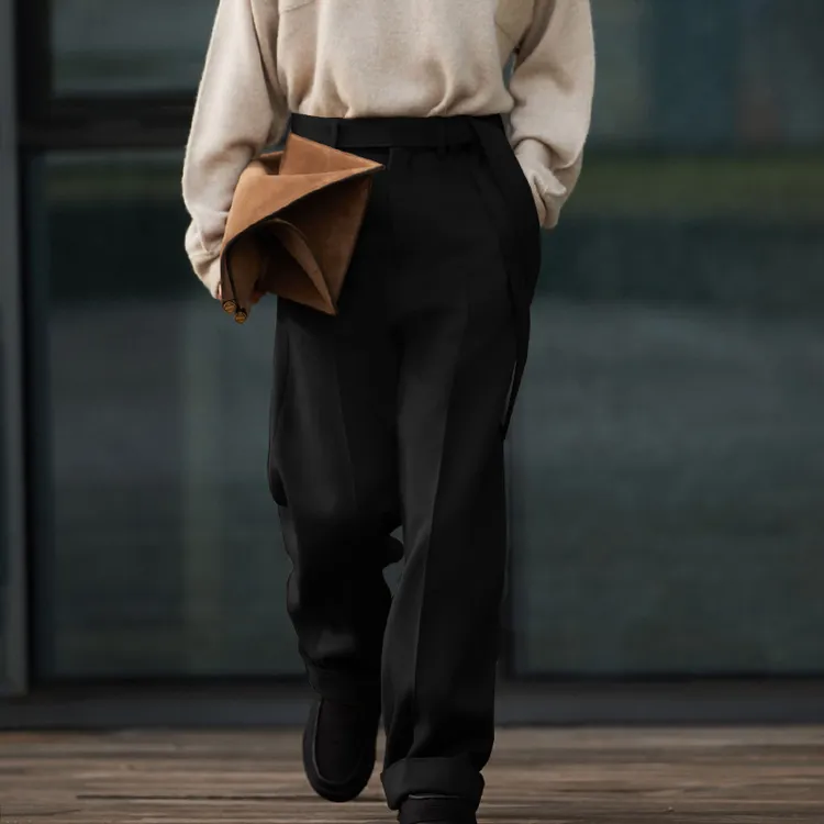 巴黎时装周时髦宽松垂感微阔腿羊毛呢西裤男休闲呢子腰带拖地长裤