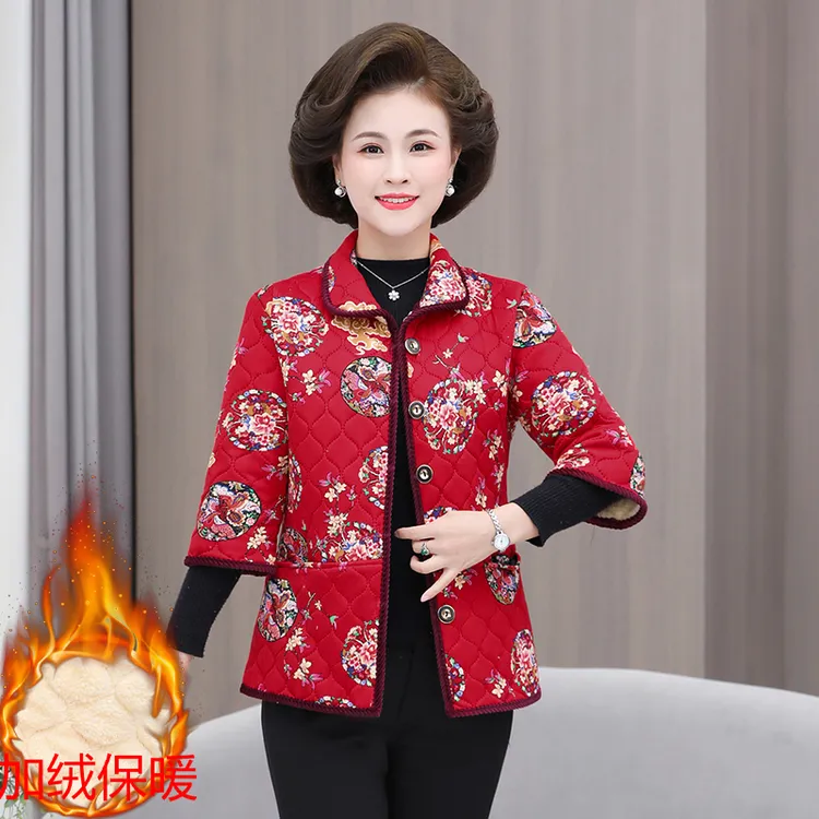 中老年女装秋冬新款加厚加绒中袖棉服外套妈妈大码保暖棉衣马甲女
