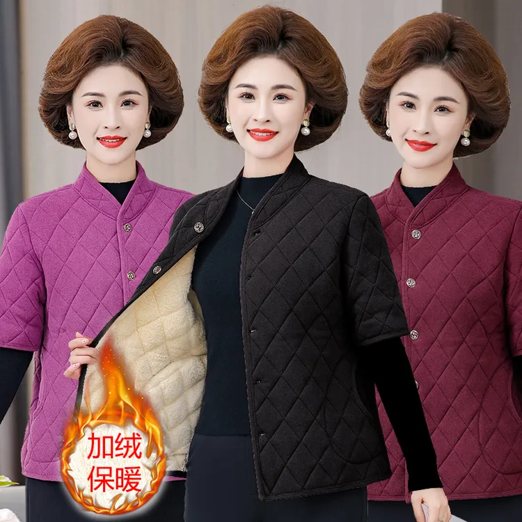 中老年女装秋冬季保暖中袖马夹背心加绒马甲防寒坎肩妈妈半袖棉衣