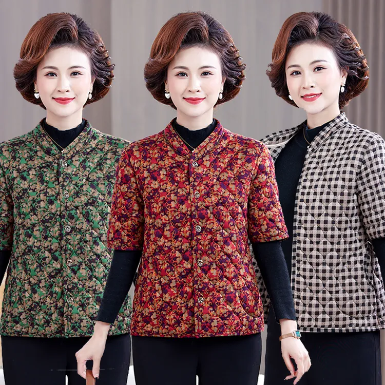 中老年女装中袖棉衣加绒加厚保暖马甲宽松大码妈妈装半袖棉袄外套