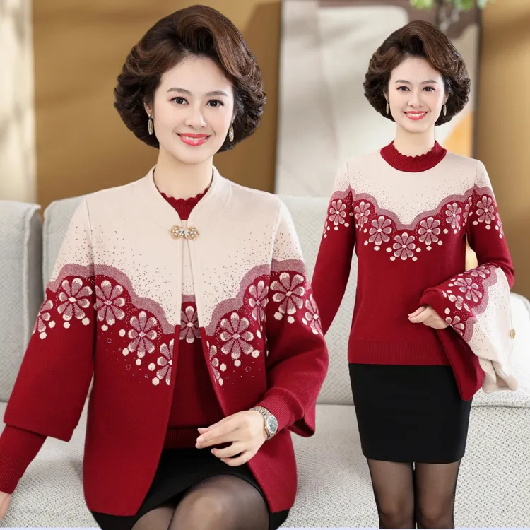 妈妈秋冬新款毛衣针织开衫两件套洋气50岁中老年人女外套上衣唐装