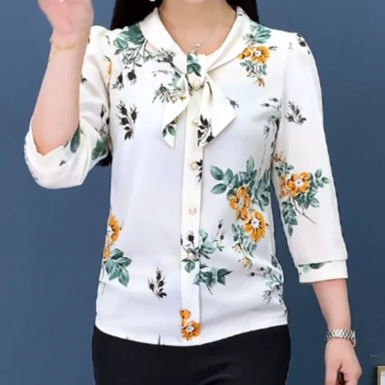 夏季中袖小衫套头衫时尚修身显瘦百搭衬衣印花中年女装七分袖衬衫