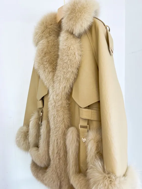 喵家新款 狐狸毛领中长款羔羊皮鹅绒内胆外套