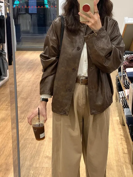 秋冬复古美拉德穿搭棕色皮衣外套女2025年新款高级感立领夹克上衣