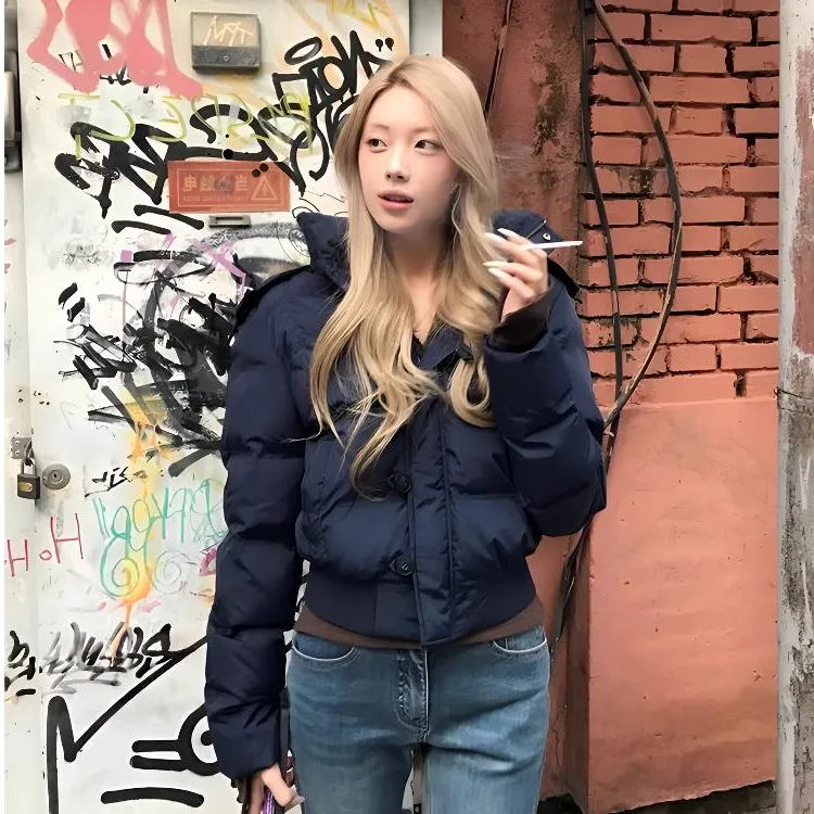 藏青色大毛领连帽羽绒服女2025冬季新款小个子白鸭绒加厚保暖棉服