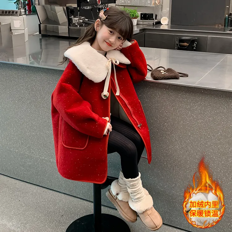 女童外套秋冬款儿童装2024新款洋气毛呢冬季加绒加厚红色呢子大衣