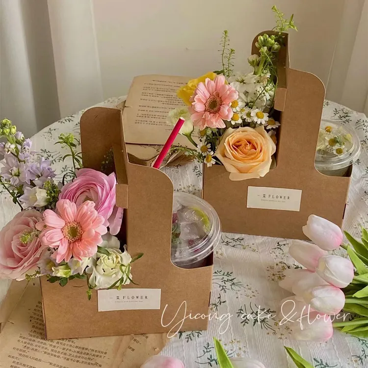 牛皮纸手提花盒花艺包装纸袋节日鲜花包装盒七夕奶茶咖啡手提花盒