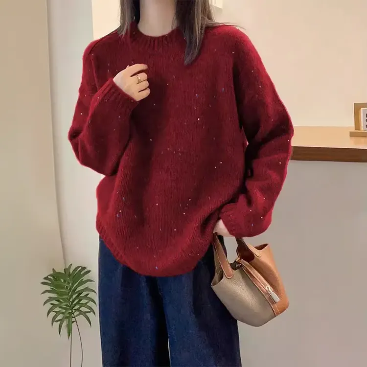 韩版秋冬时尚洋气亮片红色毛衣显瘦新款宽松百搭针织衫长袖上衣