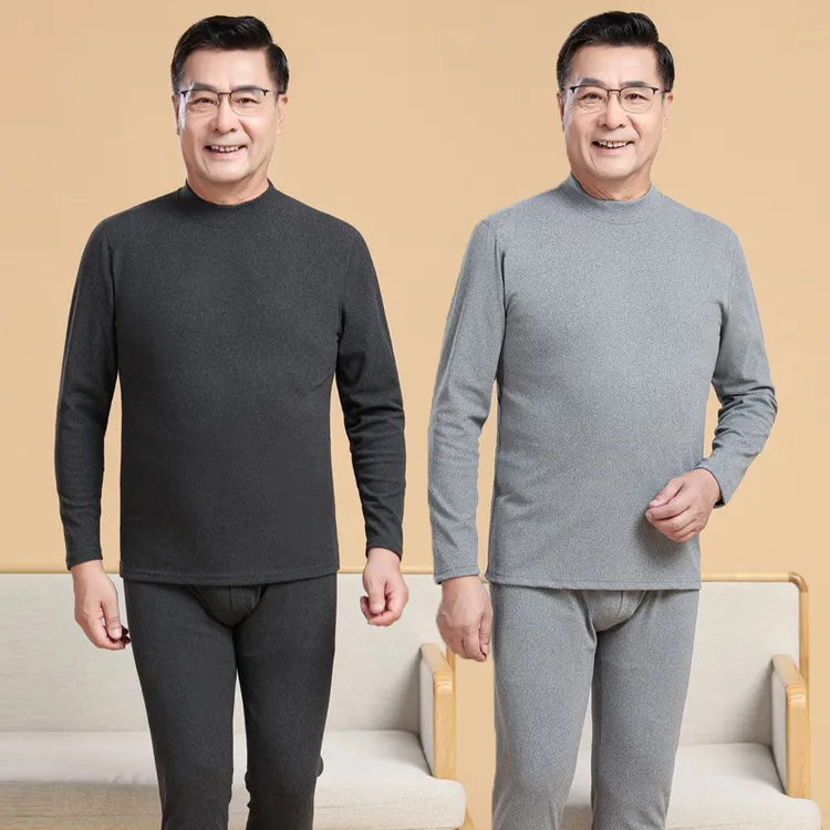 双面德绒中老年保暖内衣男士爸爸装高领加绒秋衣秋裤老人打底套装