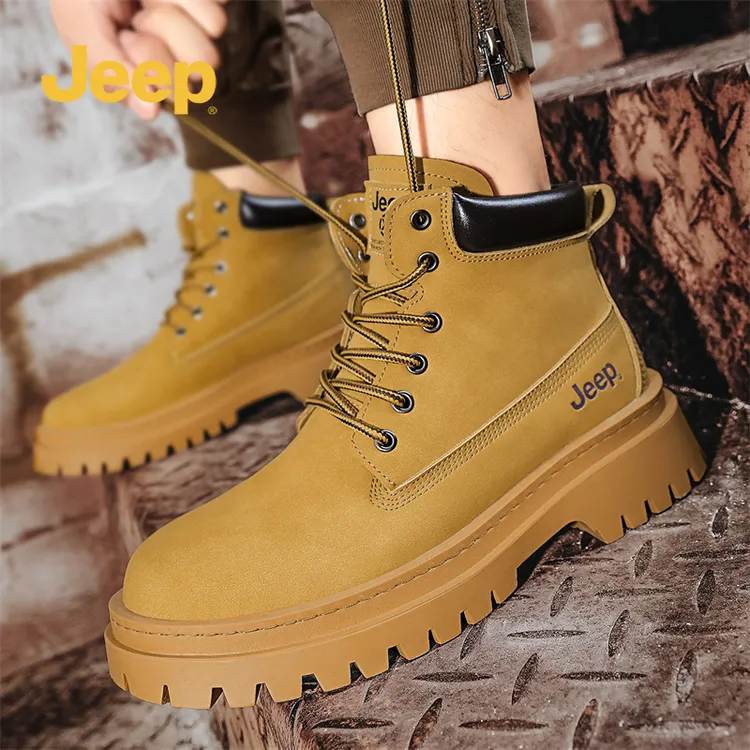 JEEP/吉普秋冬季高帮马丁靴男鞋厚底增高户外防滑防水百搭大黄靴