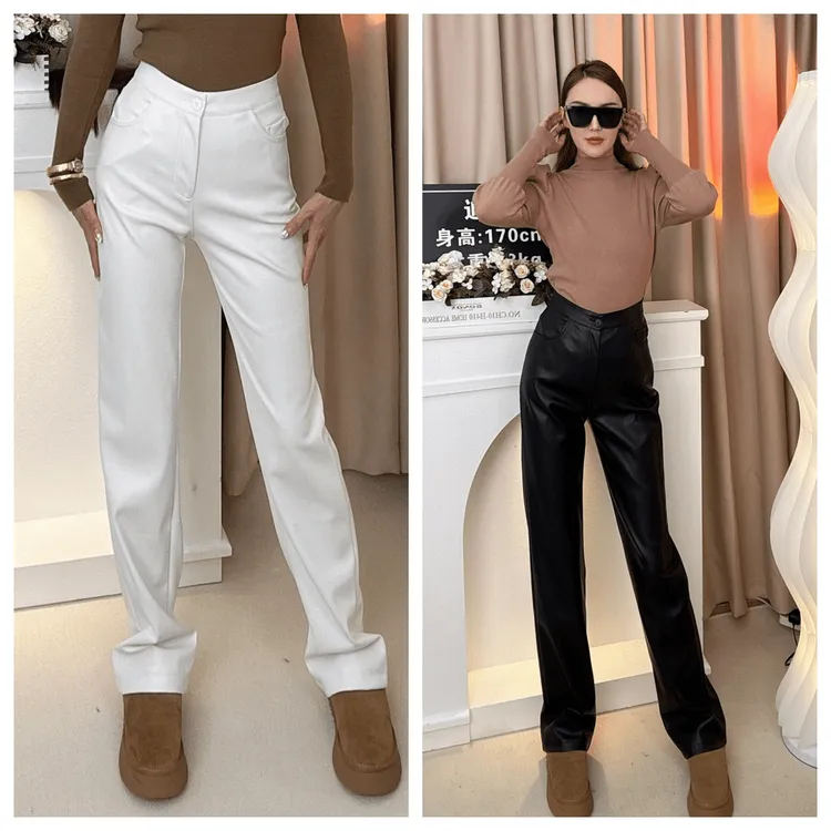 ADLA新款加绒直筒皮裤加长裤长112以上高个子高腰秋冬显腿长8197