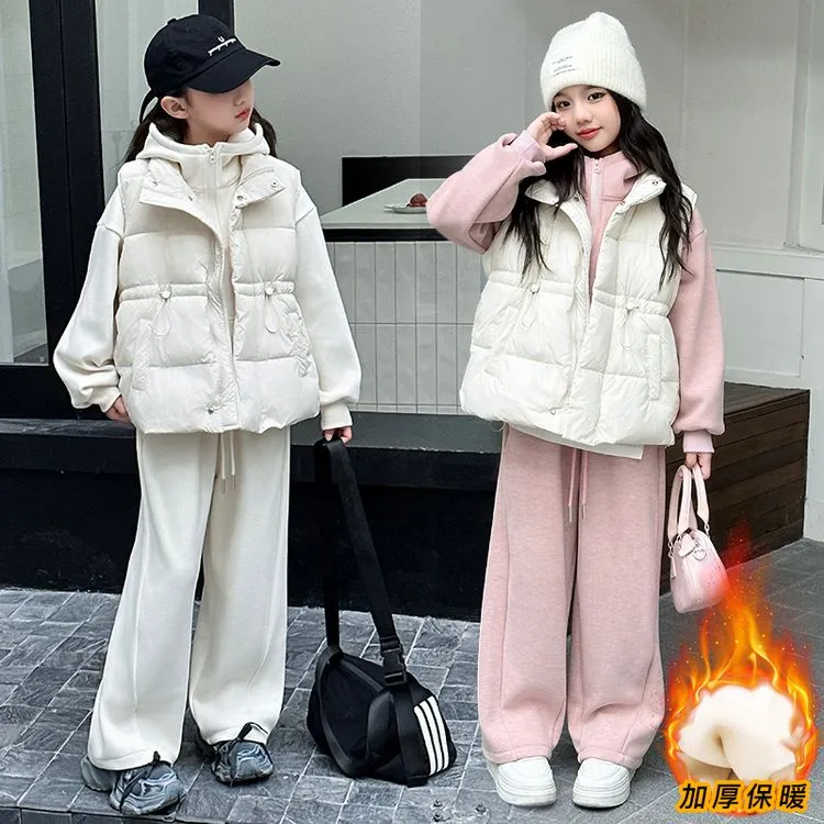 女童加绒加厚卫衣套装冬款2024儿童6-15岁女童时尚休闲马甲三件套