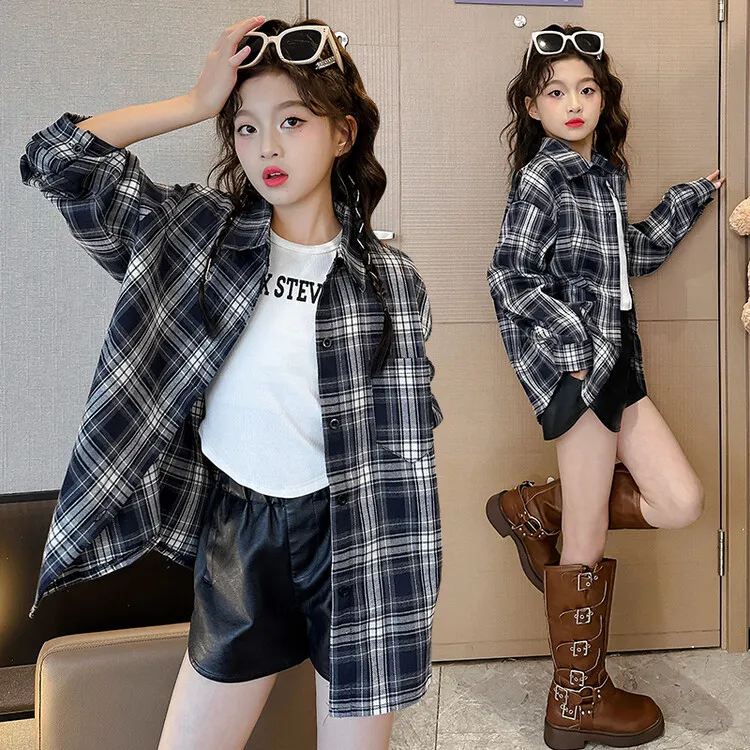 女童格子衬衫慵懒风春秋款2025女童6-12岁休闲中大童洋气长袖外套
