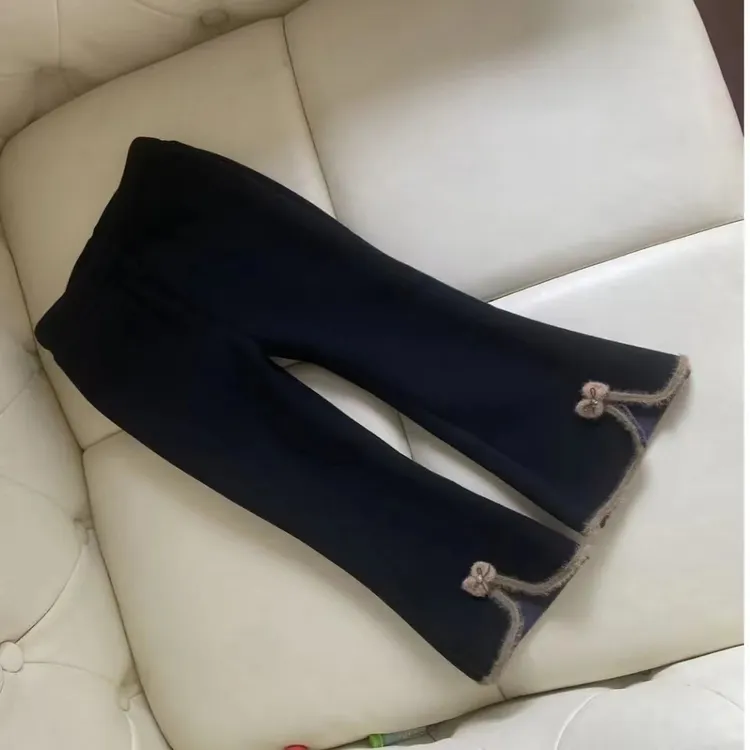 （春秋）加绒女童裤子小女孩喇叭裤宝宝修身外穿长裤黑色儿童休闲裤