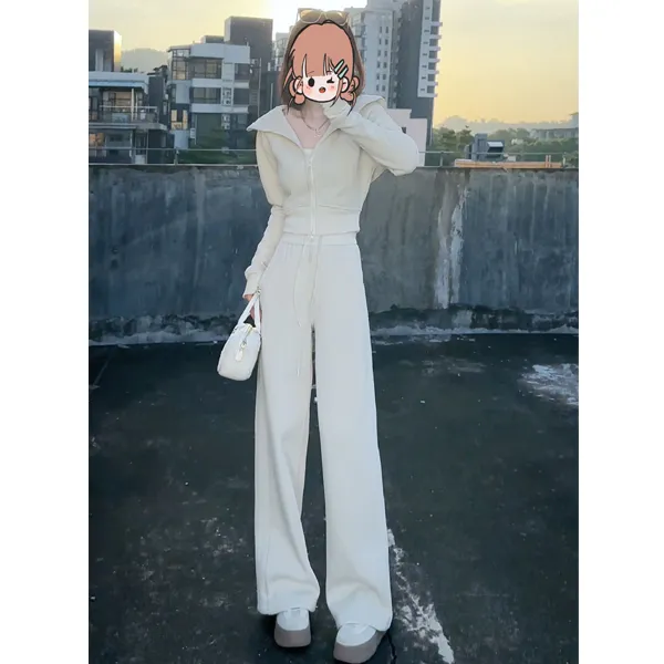 韩系时尚休闲套装2025秋冬新款修身连帽卫衣外套阔腿裤加绒两件套