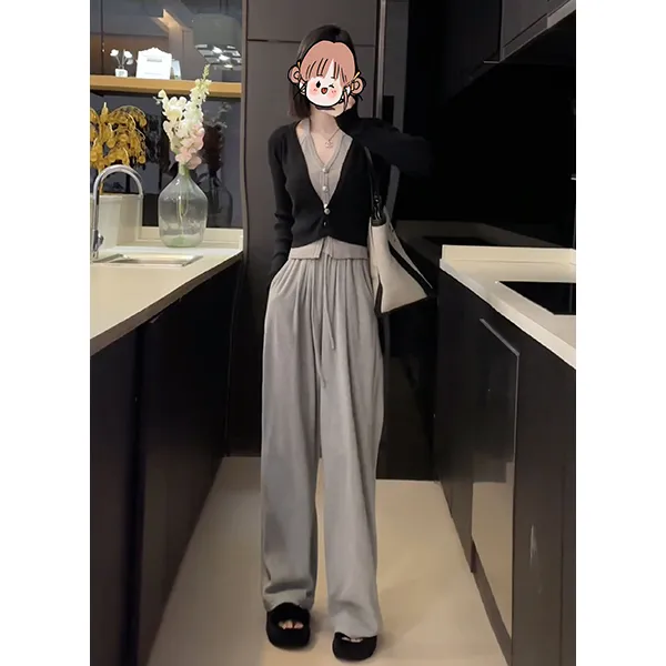 2025新款港味chic套装女修身显瘦法式针织上衣高腰阔腿裤两件套