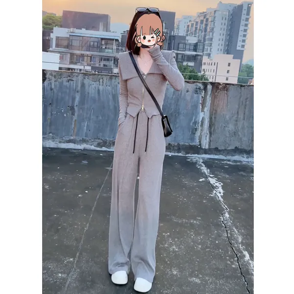 气质感时尚休闲套装女洋气减龄翻领上衣直筒裤两件套2025春季新款