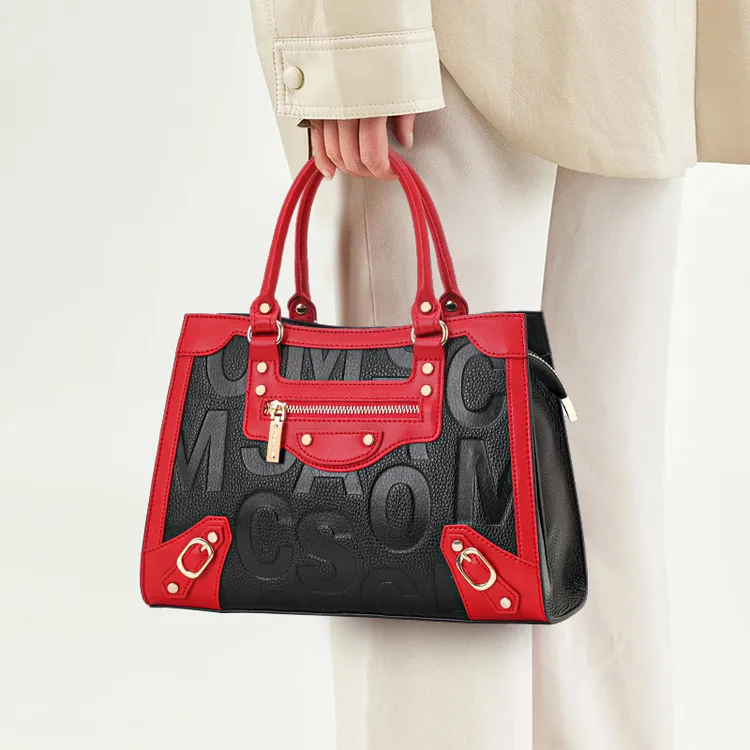 复古真皮托特包红色印花单肩手拎包时尚大气女士
